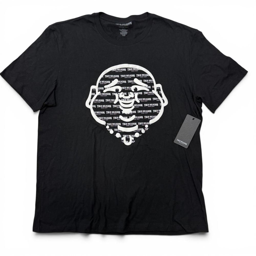 True Religion Mens Scripted Buddha Face Tee Jet Black Graphic T-Shirt XXL NWT